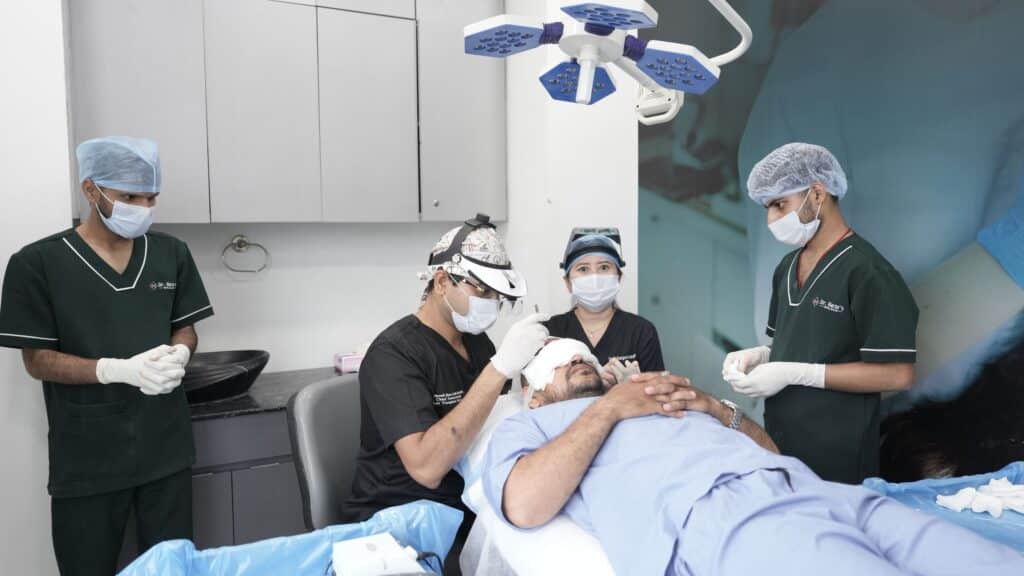 A medical team performing a hair transplant
