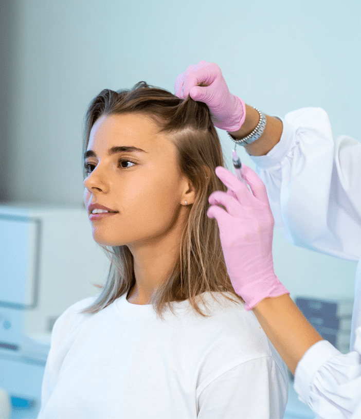 Practitioner wearing pink gloves preparing a scalp injection while holding a woman’s hair aside.