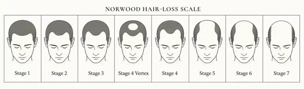 The Norwood Hair-Loss Scale depicting the 7 stages of male pattern baldness